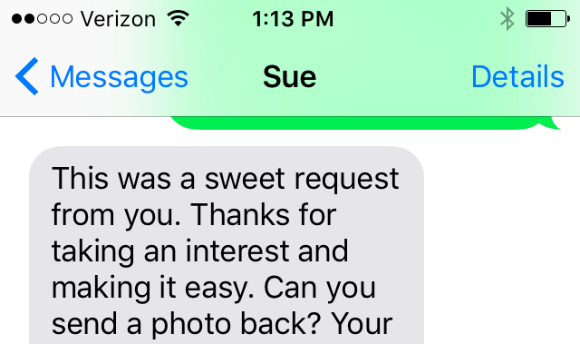 Image of a text to my friend Sue